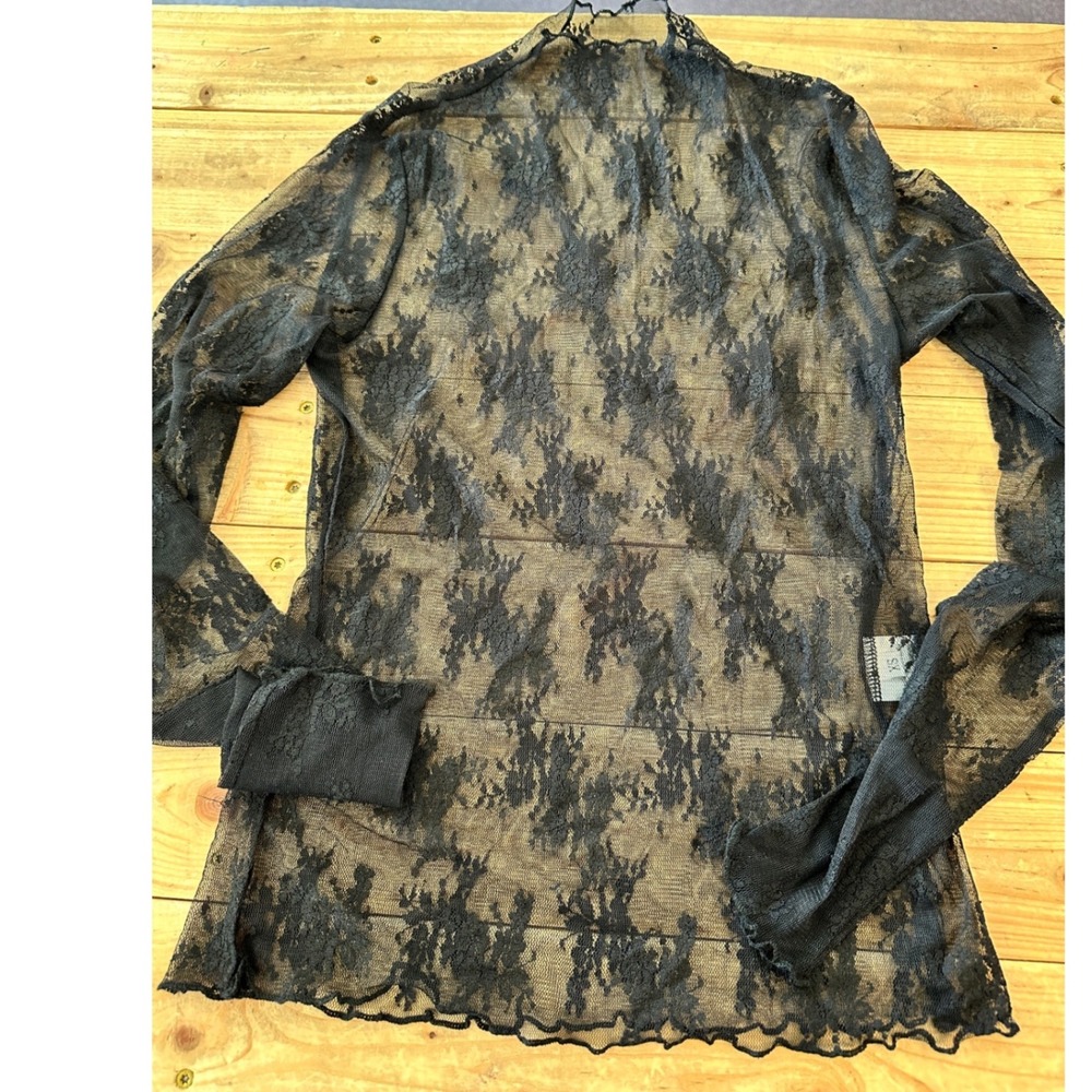 Black Sheer Floral Lace Long Sleeve Mock Neck Top XS